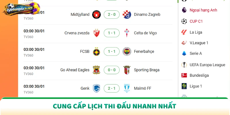 Cung cấp lịch thi đấu nhanh nhất